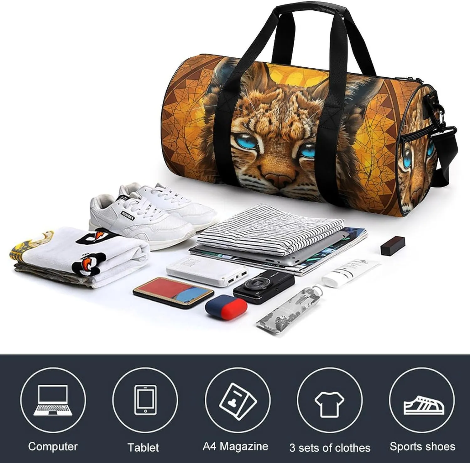 Blue Eyed Bobcat Gym Bag Small Travel Duffle Bag with Compartment Carry On Weekender Bag for Women Men