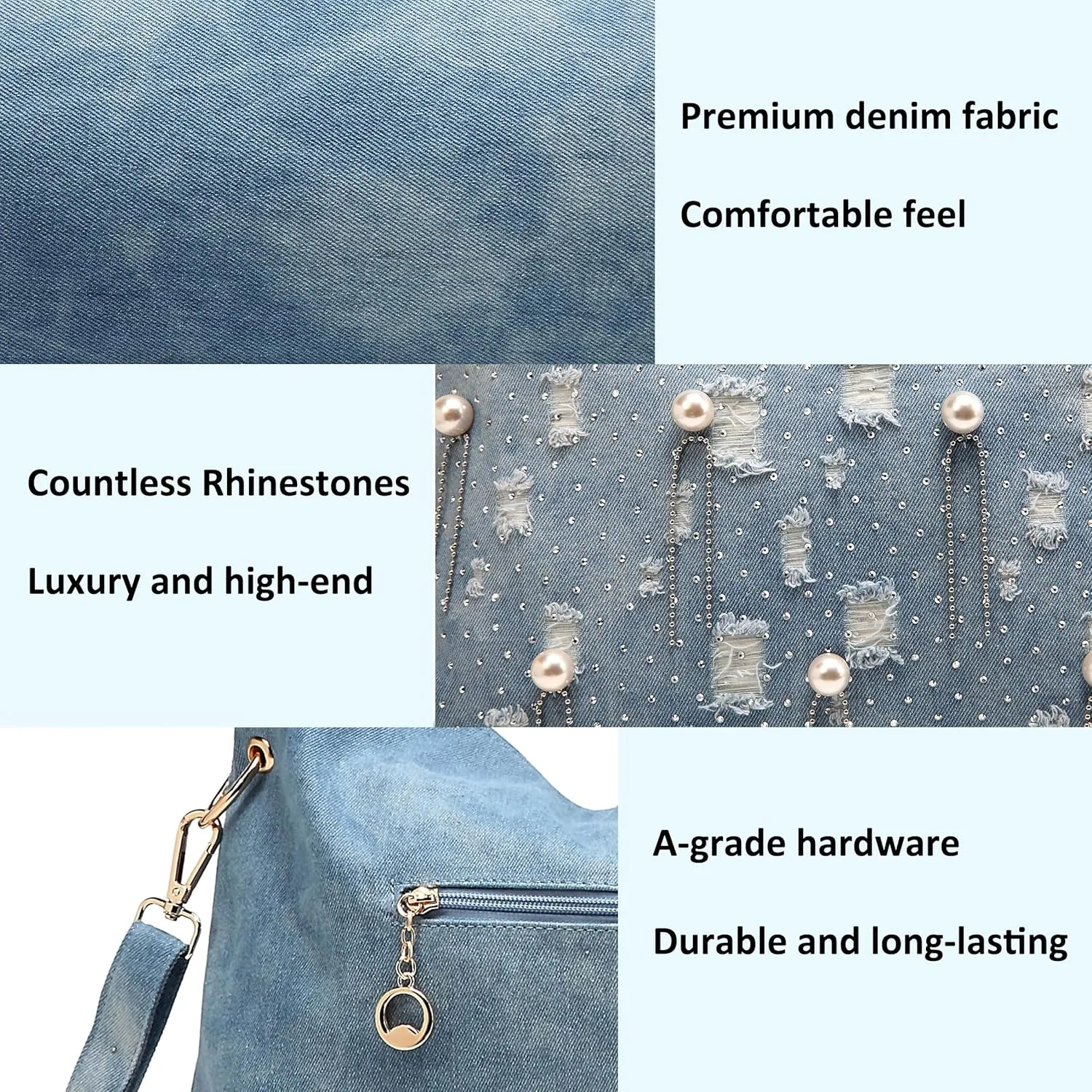 Blue Jean Bags Bling Rhinestone Purses Large Capacity Distressed Denim Purse and Handbags