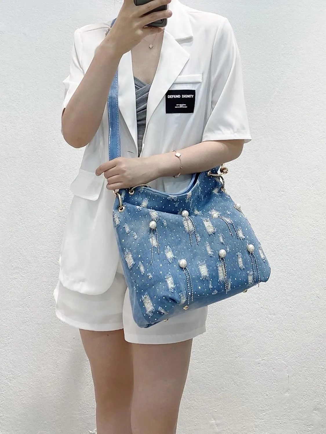 Blue Jean Bags Bling Rhinestone Purses Large Capacity Distressed Denim Purse and Handbags