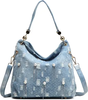 Blue Jean Bags Bling Rhinestone Purses Large Capacity Distressed Denim Purse and Handbags