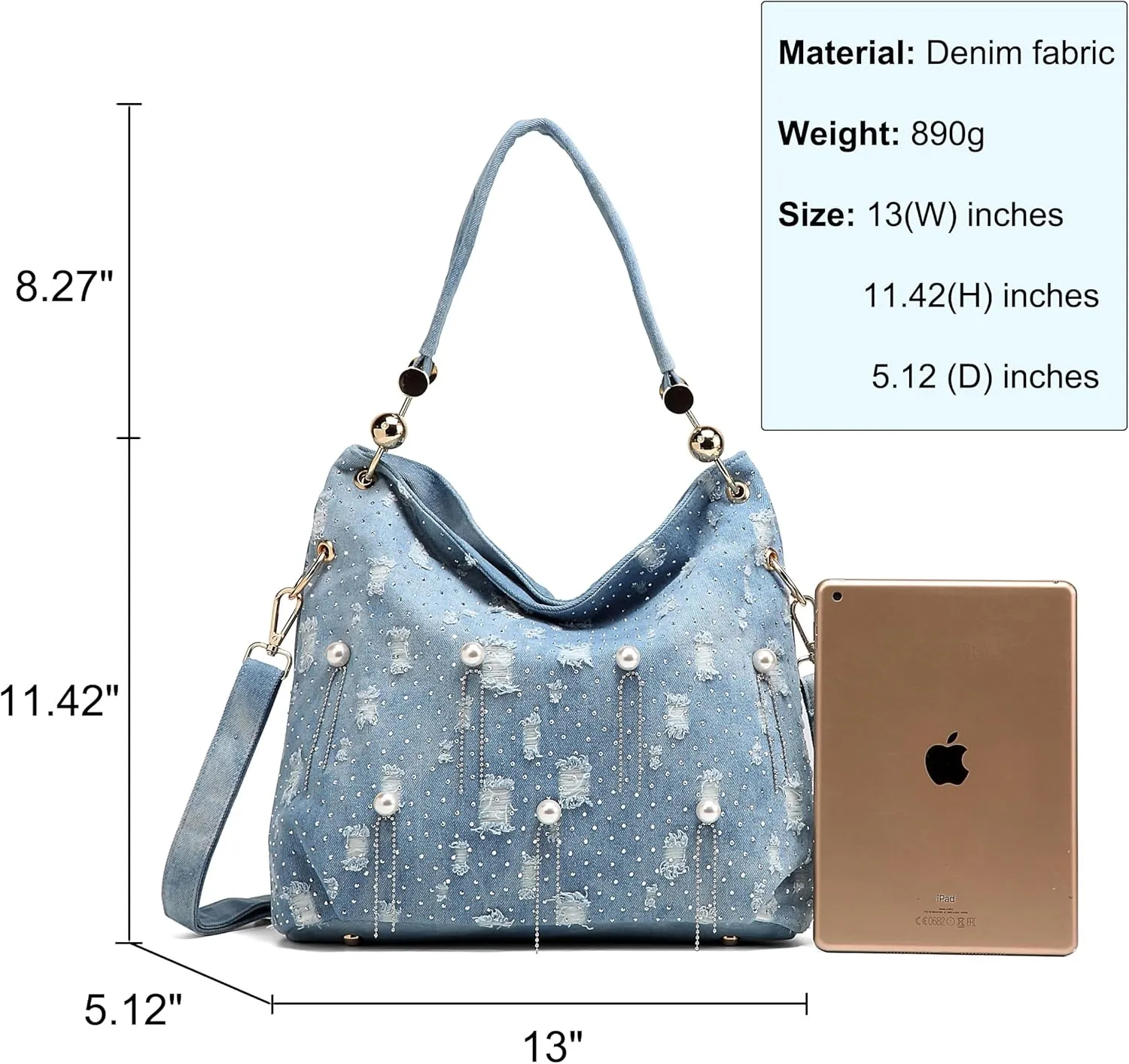 Blue Jean Bags Bling Rhinestone Purses Large Capacity Distressed Denim Purse and Handbags