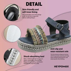 Bohemian Sandals Women's 2024, Retro Denim Roman Shoes with Ethnic Decor & Adjustable Buckle, Soft Sole Comfortable Sandals for Vacation & Casual Outfits (Black/Blue)