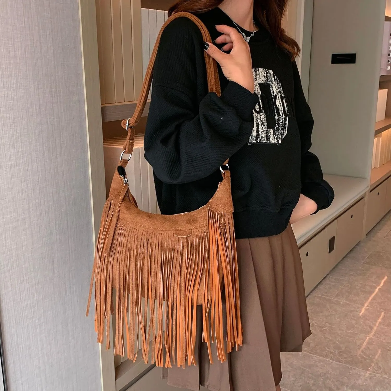 Boho Hippie Purses Fringe Tassel Faux Suede Shoulder Messenger CrossBody Sling Bag Country Concert Outfits for Women