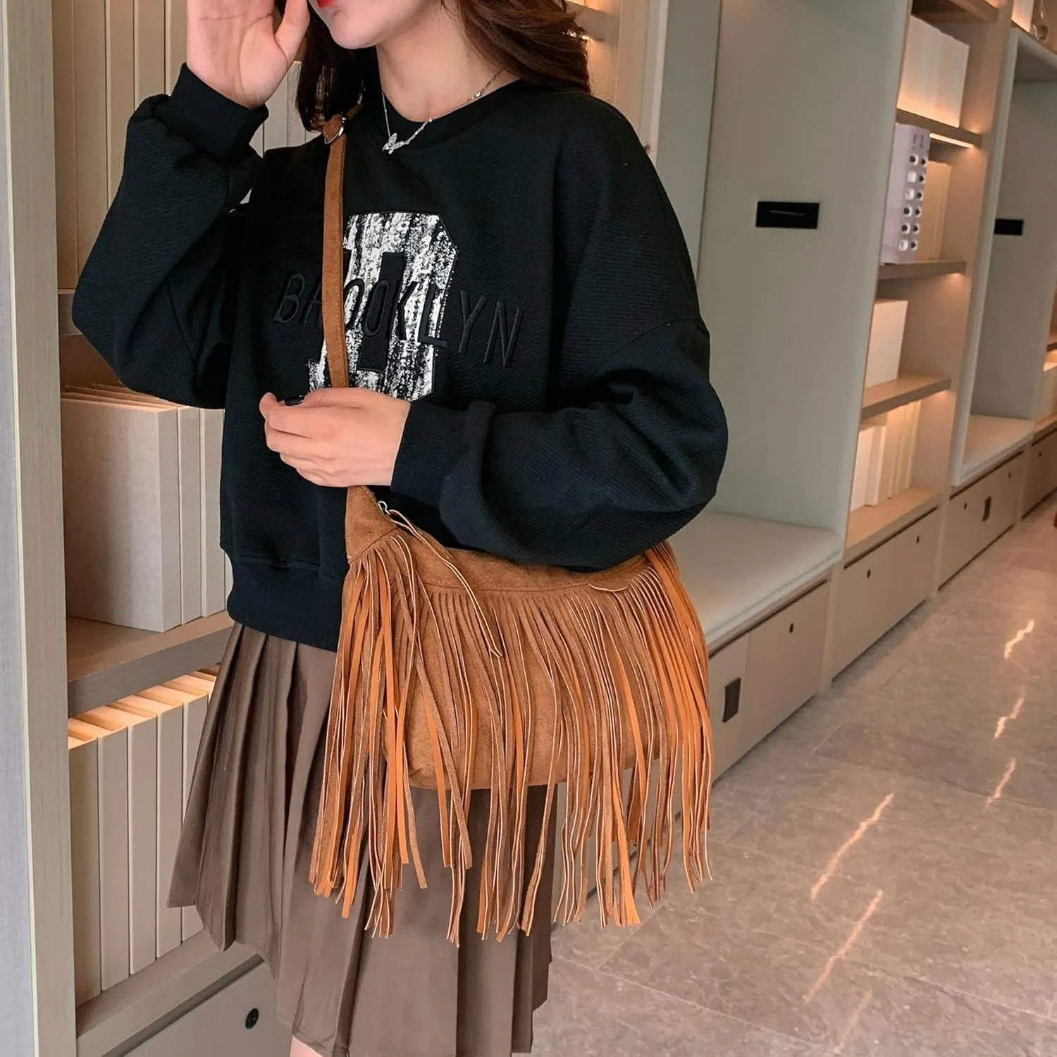 Boho Hippie Purses Fringe Tassel Faux Suede Shoulder Messenger CrossBody Sling Bag Country Concert Outfits for Women