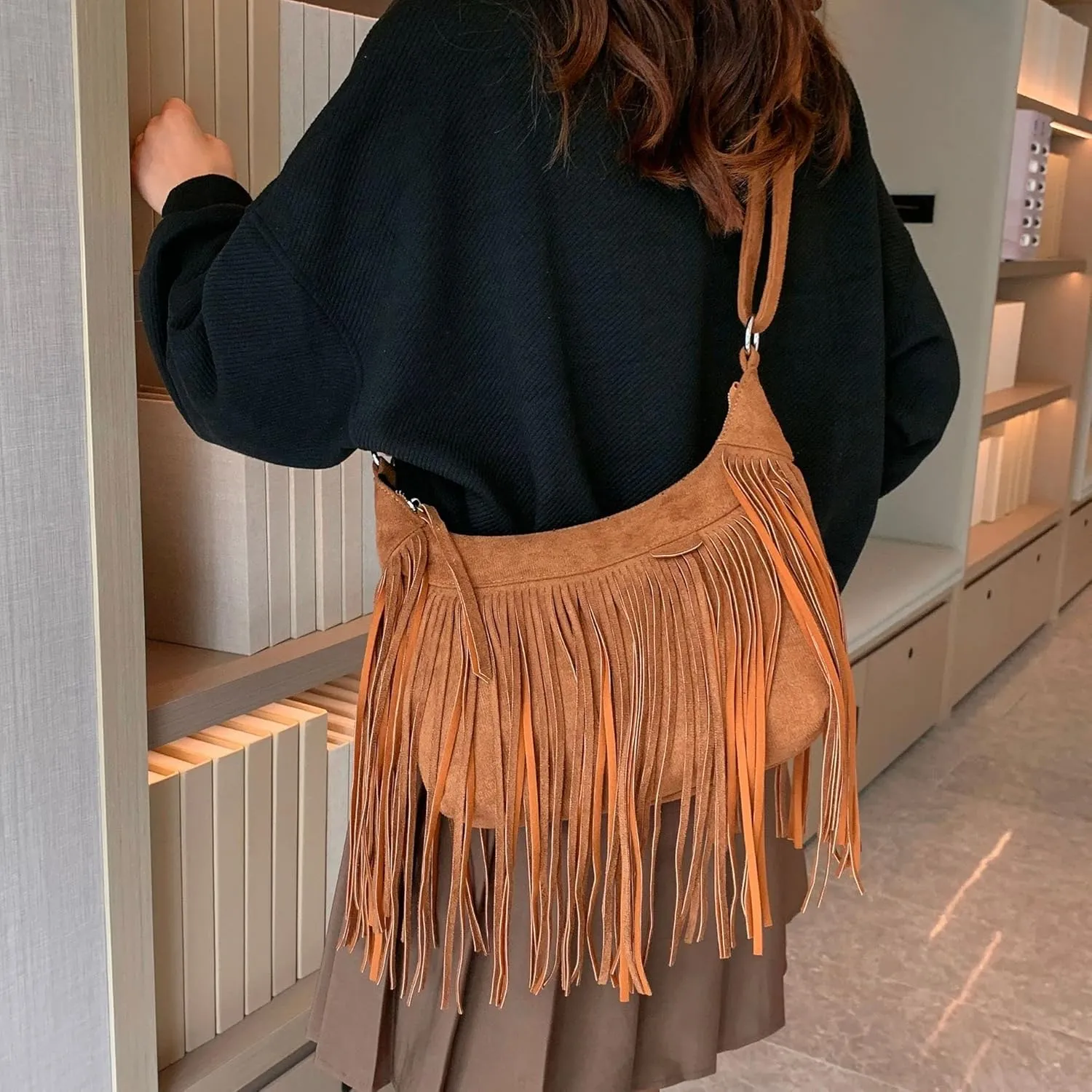 Boho Hippie Purses Fringe Tassel Faux Suede Shoulder Messenger CrossBody Sling Bag Country Concert Outfits for Women