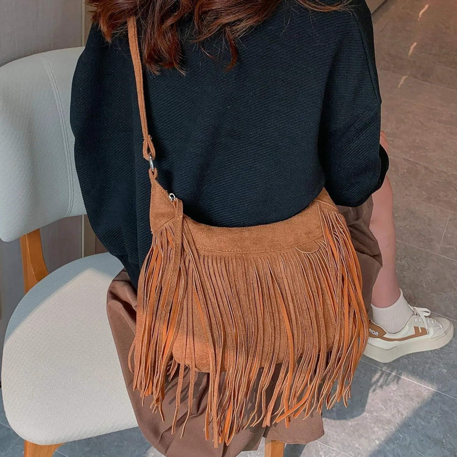 Boho Hippie Purses Fringe Tassel Faux Suede Shoulder Messenger CrossBody Sling Bag Country Concert Outfits for Women