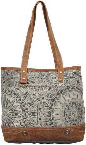 Boho Lace Print Upcycled Canvas and Genuine Leather Tote Bag