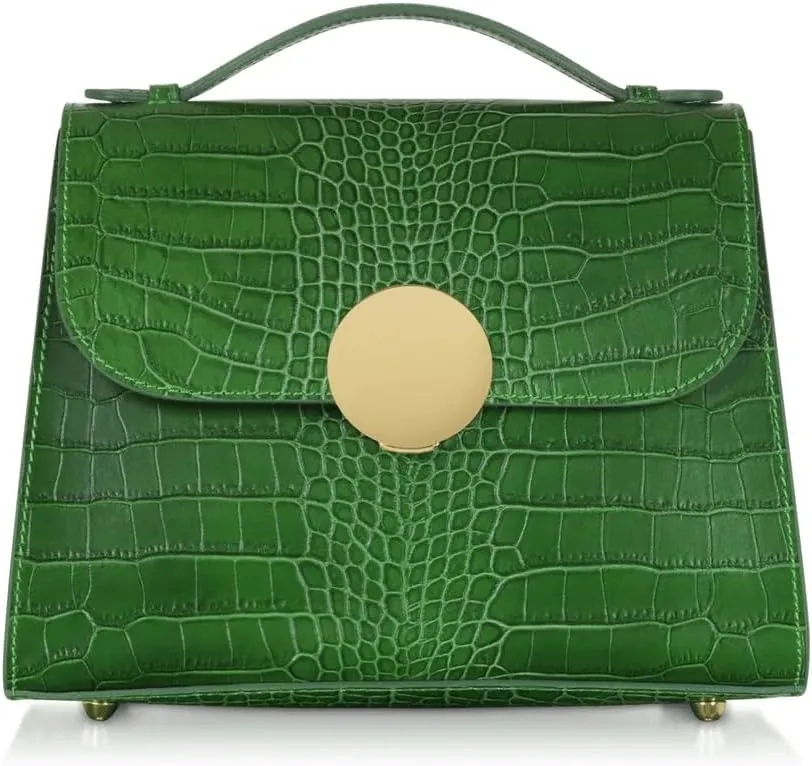 Bombo Croco Embossed Leather Satchel, Top-Handle Bag with Strap, 9.8 x 7.9 x 3.9 inches