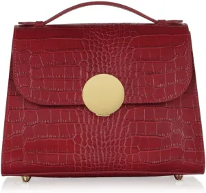 Bombo Croco Embossed Leather Satchel, Top-Handle Bag with Strap, 9.8 x 7.9 x 3.9 inches