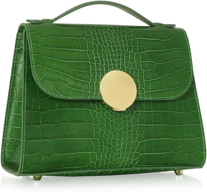 Bombo Croco Embossed Leather Satchel, Top-Handle Bag with Strap, 9.8 x 7.9 x 3.9 inches