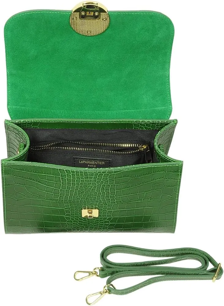 Bombo Croco Embossed Leather Satchel, Top-Handle Bag with Strap, 9.8 x 7.9 x 3.9 inches