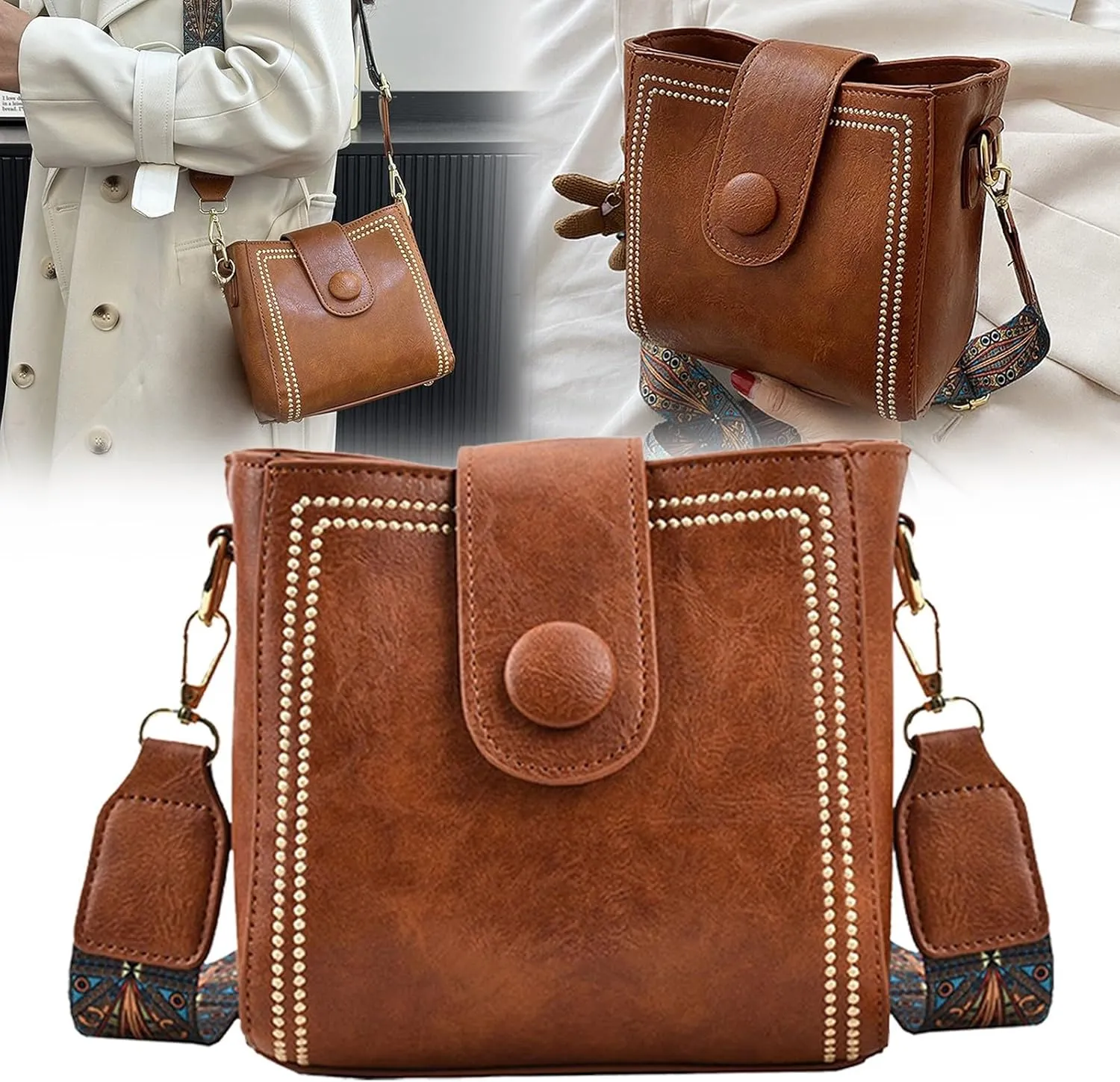 Bootara Bucket Bag for Women Vintage Retro Crossbody Bucket Bags with Adjustable Guitar Strap Trendy Leather Handbags