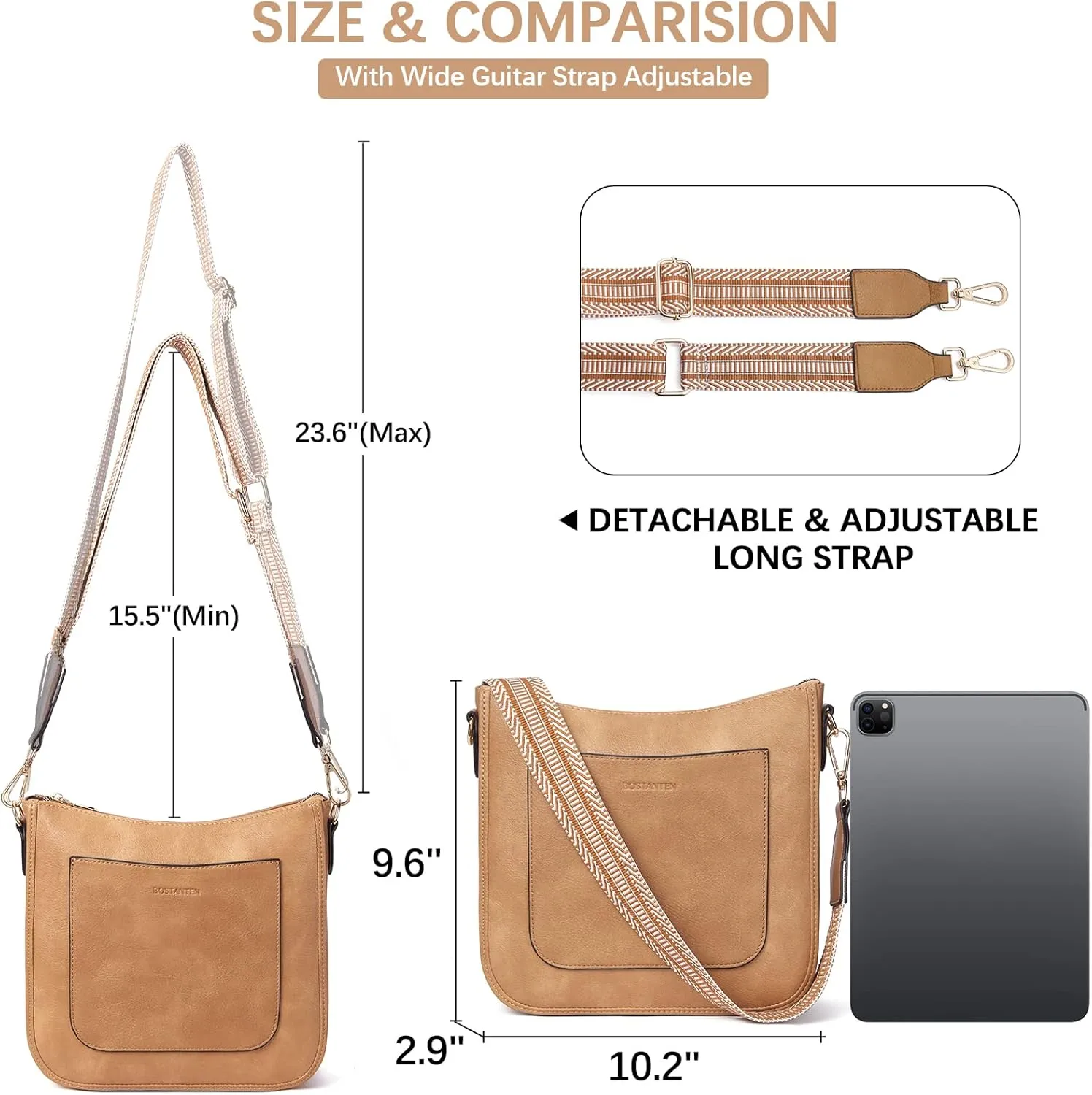 BOSTANTEN Crossbody Bags for Women Trendy Vegan Leather Hobo Handbags Fashion Shoulder Purse with Adjustable Guitar Strap