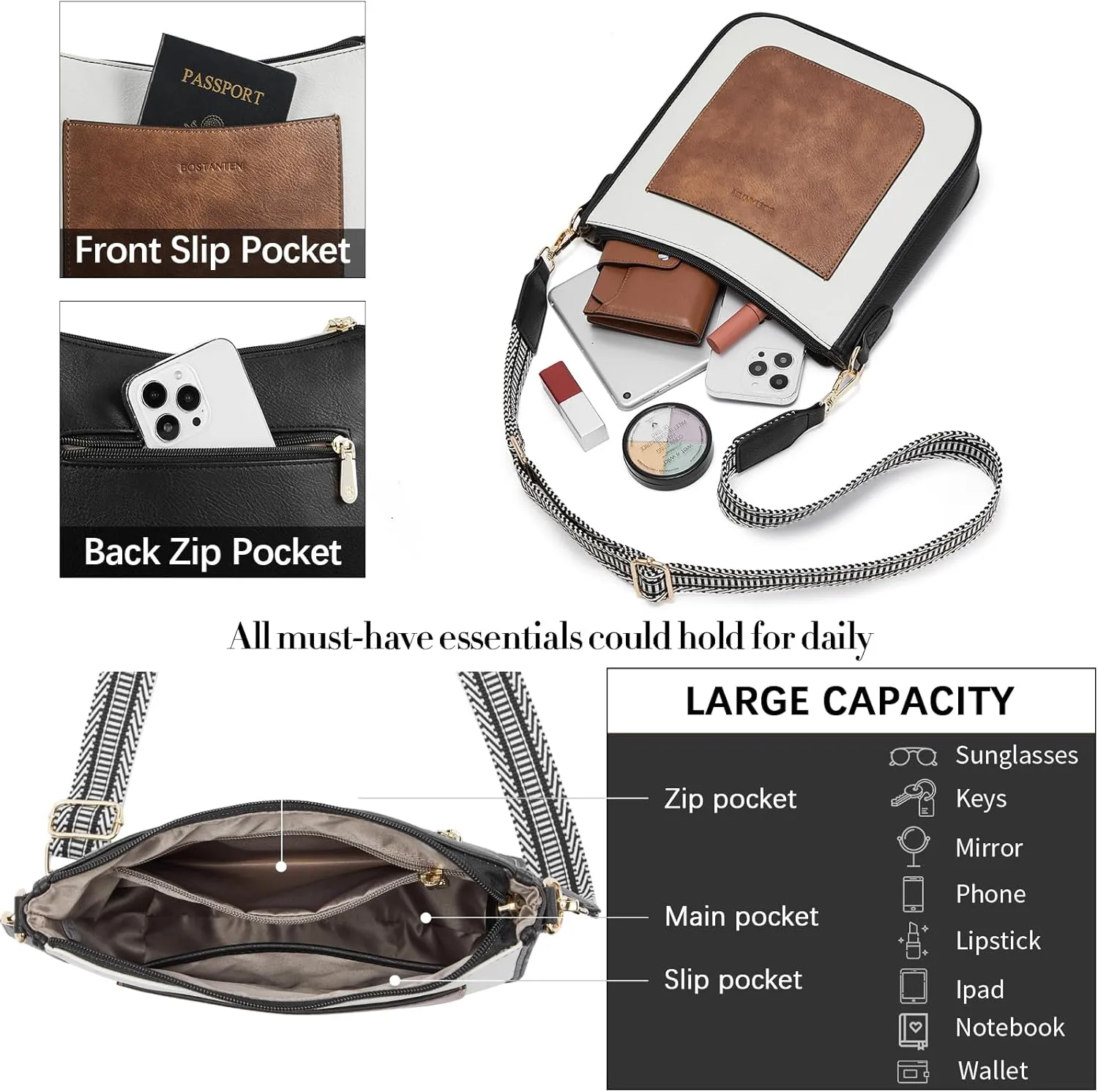 BOSTANTEN Crossbody Bags for Women Trendy Vegan Leather Hobo Handbags Fashion Shoulder Purse with Adjustable Guitar Strap