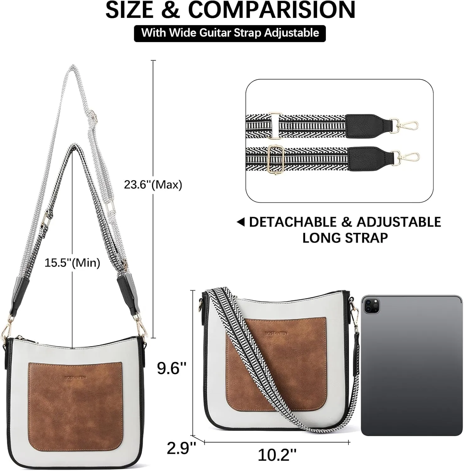 BOSTANTEN Crossbody Bags for Women Trendy Vegan Leather Hobo Handbags Fashion Shoulder Purse with Adjustable Guitar Strap
