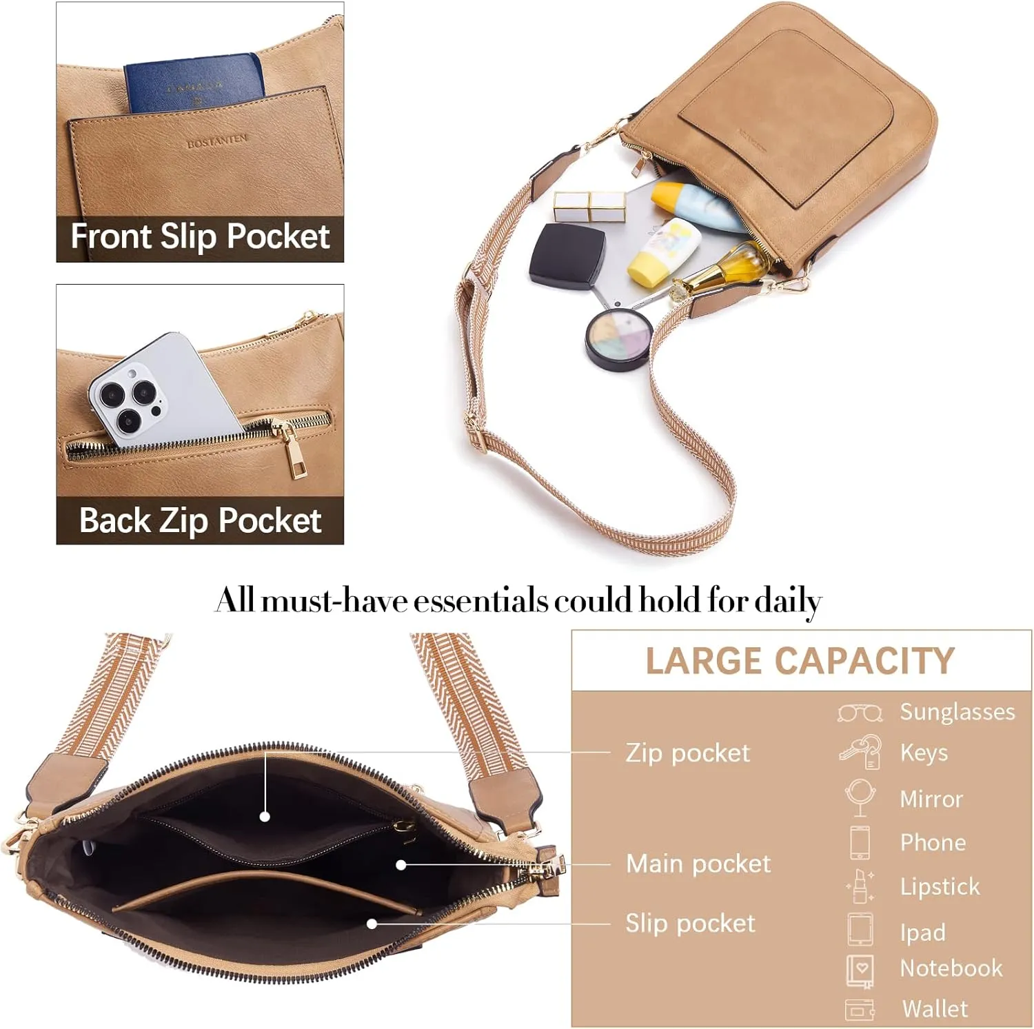 BOSTANTEN Crossbody Bags for Women Trendy Vegan Leather Hobo Handbags Fashion Shoulder Purse with Adjustable Guitar Strap