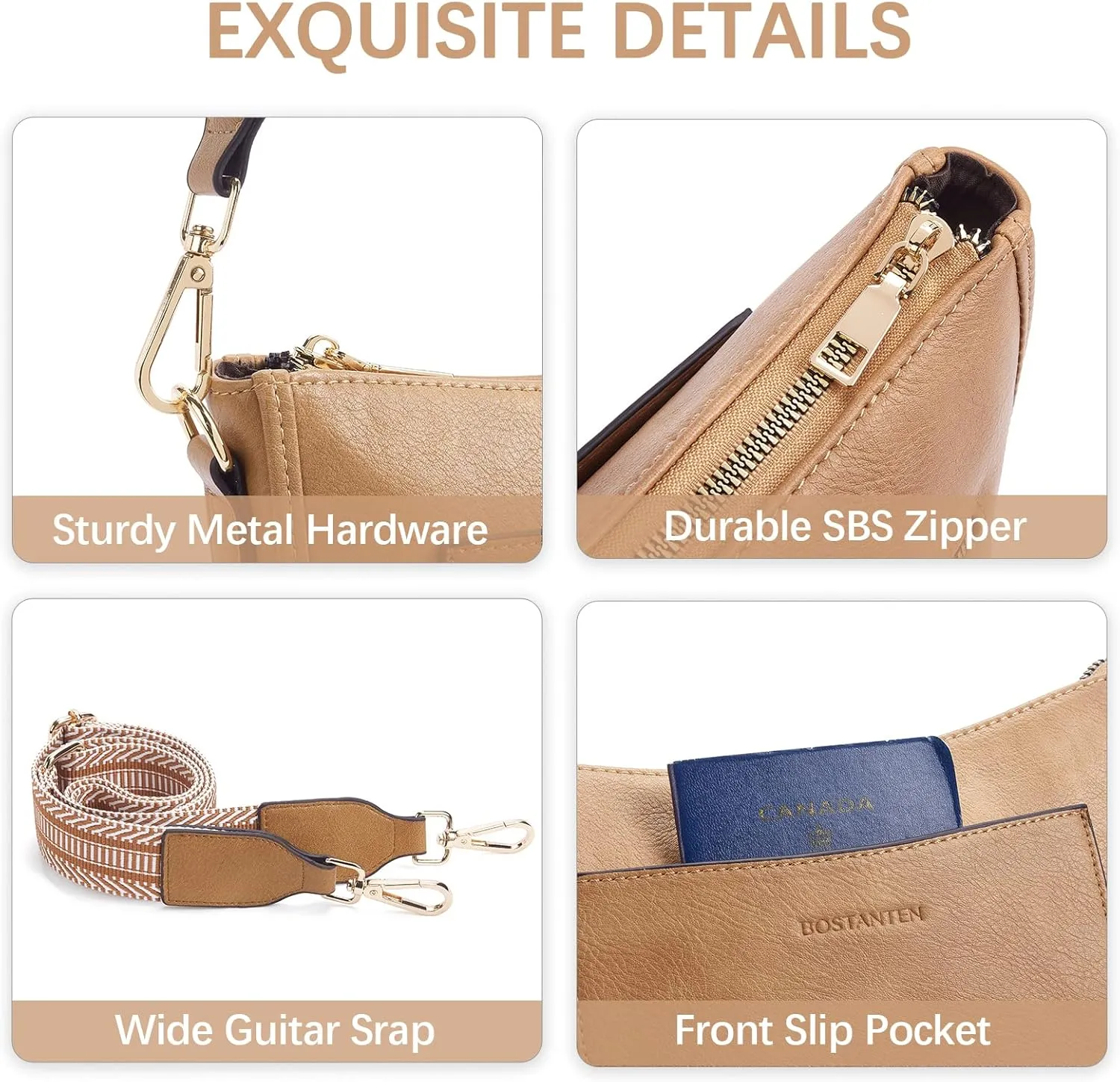 BOSTANTEN Crossbody Bags for Women Trendy Vegan Leather Hobo Handbags Fashion Shoulder Purse with Adjustable Guitar Strap