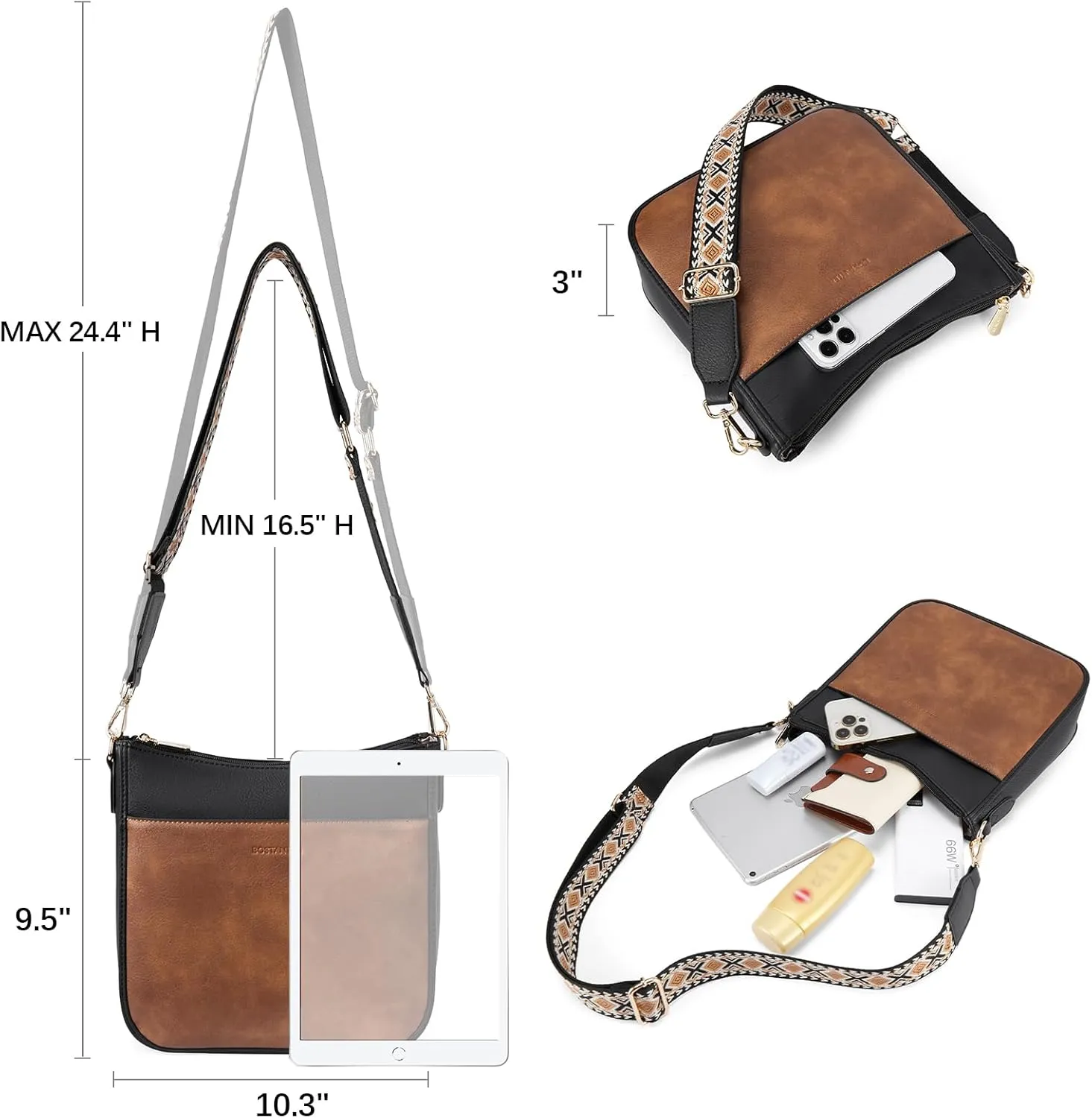 BOSTANTEN Crossbody Bags for Women Trendy Vegan Leather Hobo Purses Shoulder Handbags With Wide Shoulder Strap