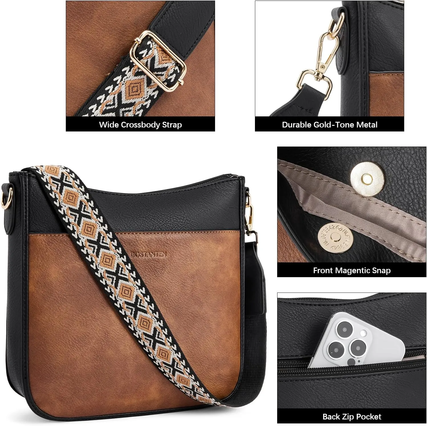BOSTANTEN Crossbody Bags for Women Trendy Vegan Leather Hobo Purses Shoulder Handbags With Wide Shoulder Strap