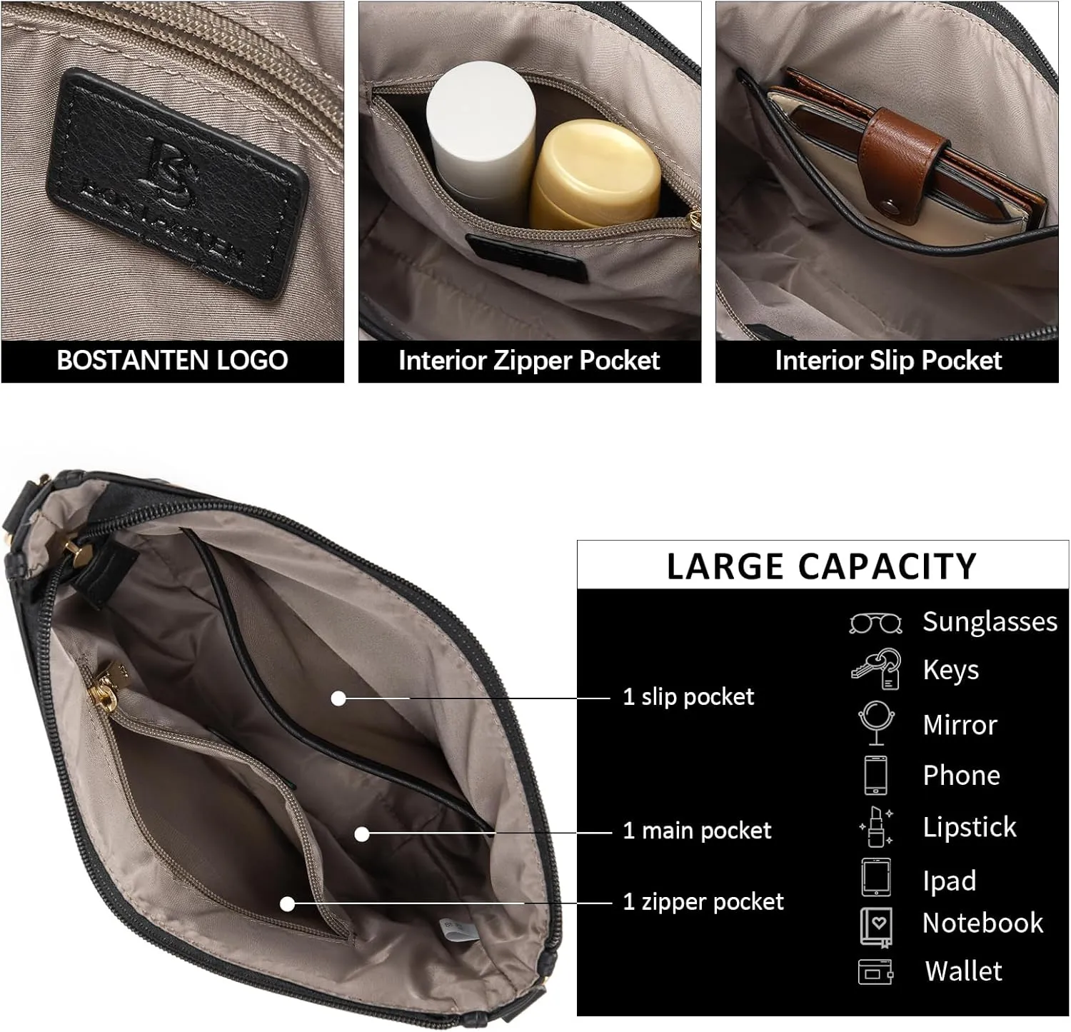 BOSTANTEN Crossbody Bags for Women Trendy Vegan Leather Hobo Purses Shoulder Handbags With Wide Shoulder Strap