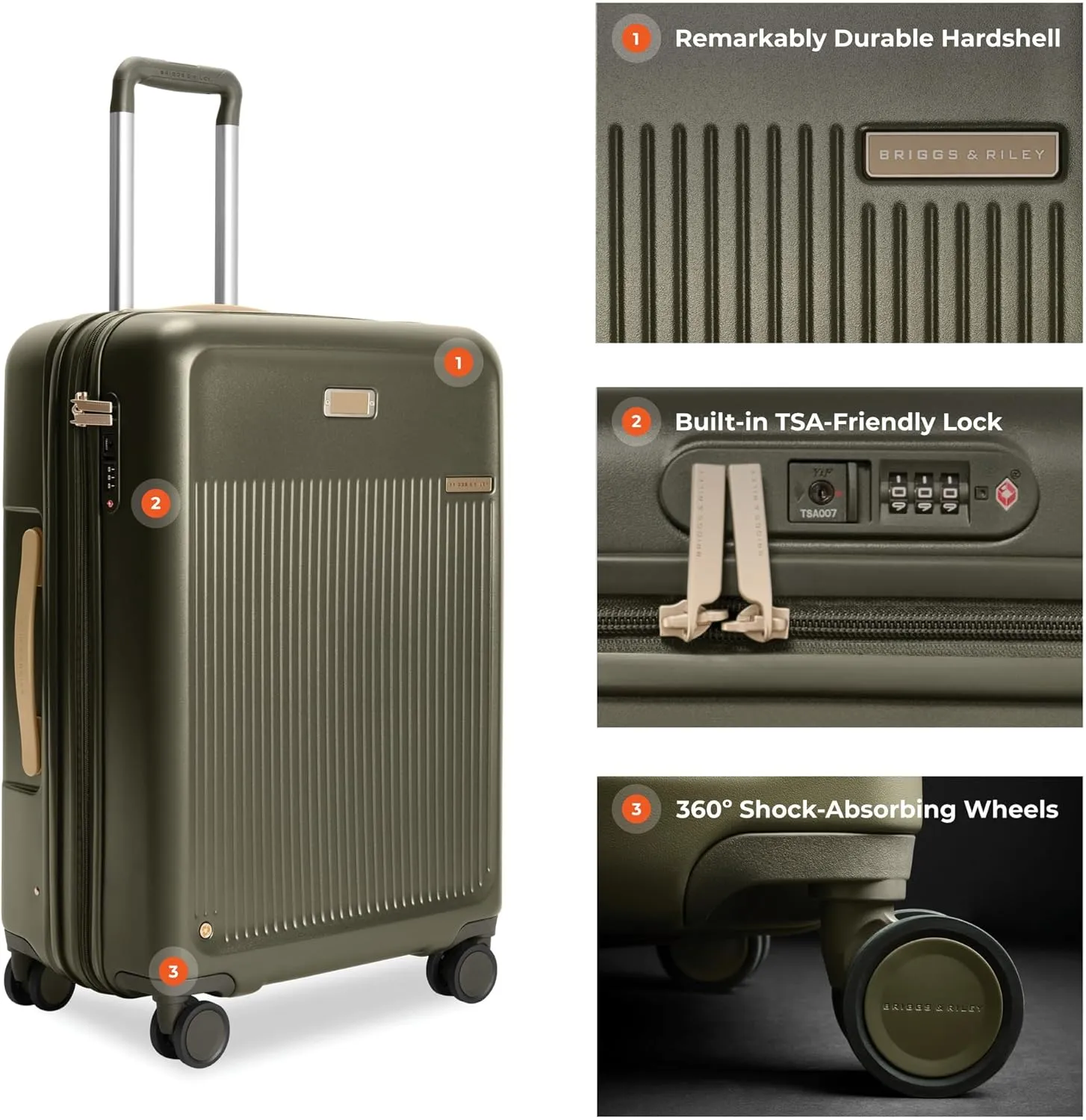 Briggs & Riley 27" Medium Expandable Spinner - Checked Luggage for Travel, Suitcases with Wheels, Hardside Rolling Bag for Men & Women, Self-Repairing Zipper - Sympatico Collection, Olive