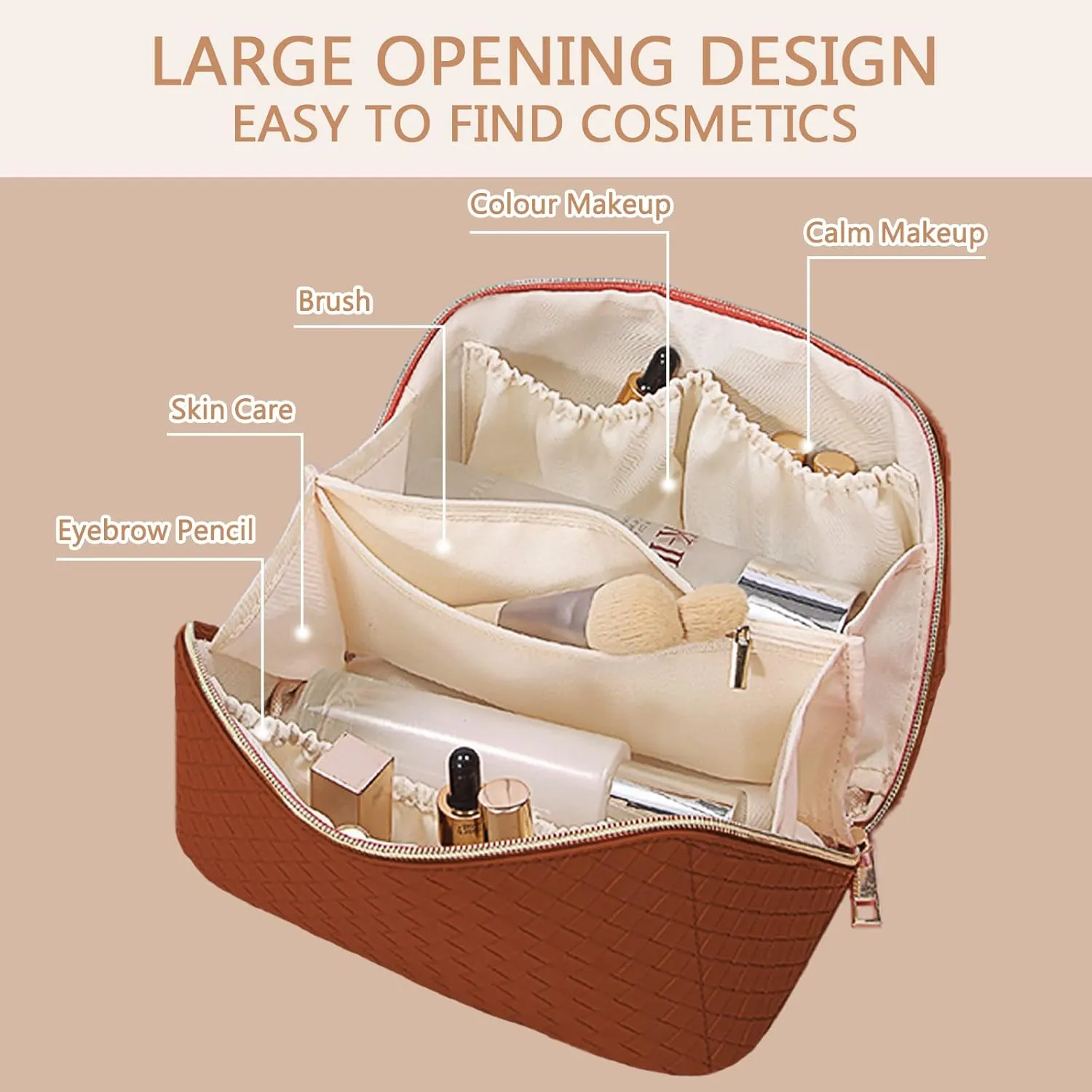 Brown Checkered Cosmetic Bag - Large Capacity Travel Makeup Bag with Compartment - PU Leather - Portable for Women and Girls
