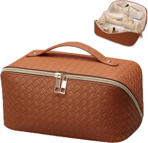 Brown Checkered Cosmetic Bag - Large Capacity Travel Makeup Bag with Compartment - PU Leather - Portable for Women and Girls