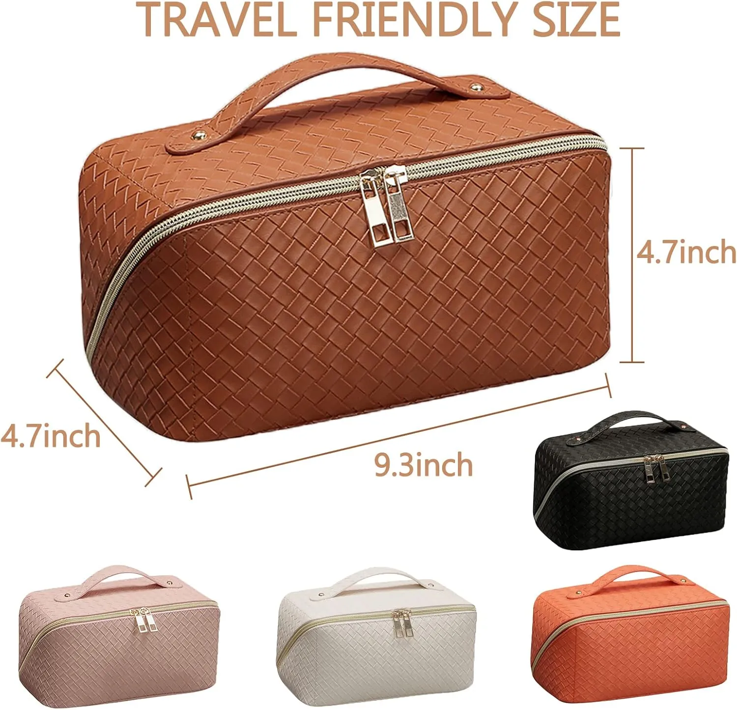 Brown Checkered Cosmetic Bag - Large Capacity Travel Makeup Bag with Compartment - PU Leather - Portable for Women and Girls