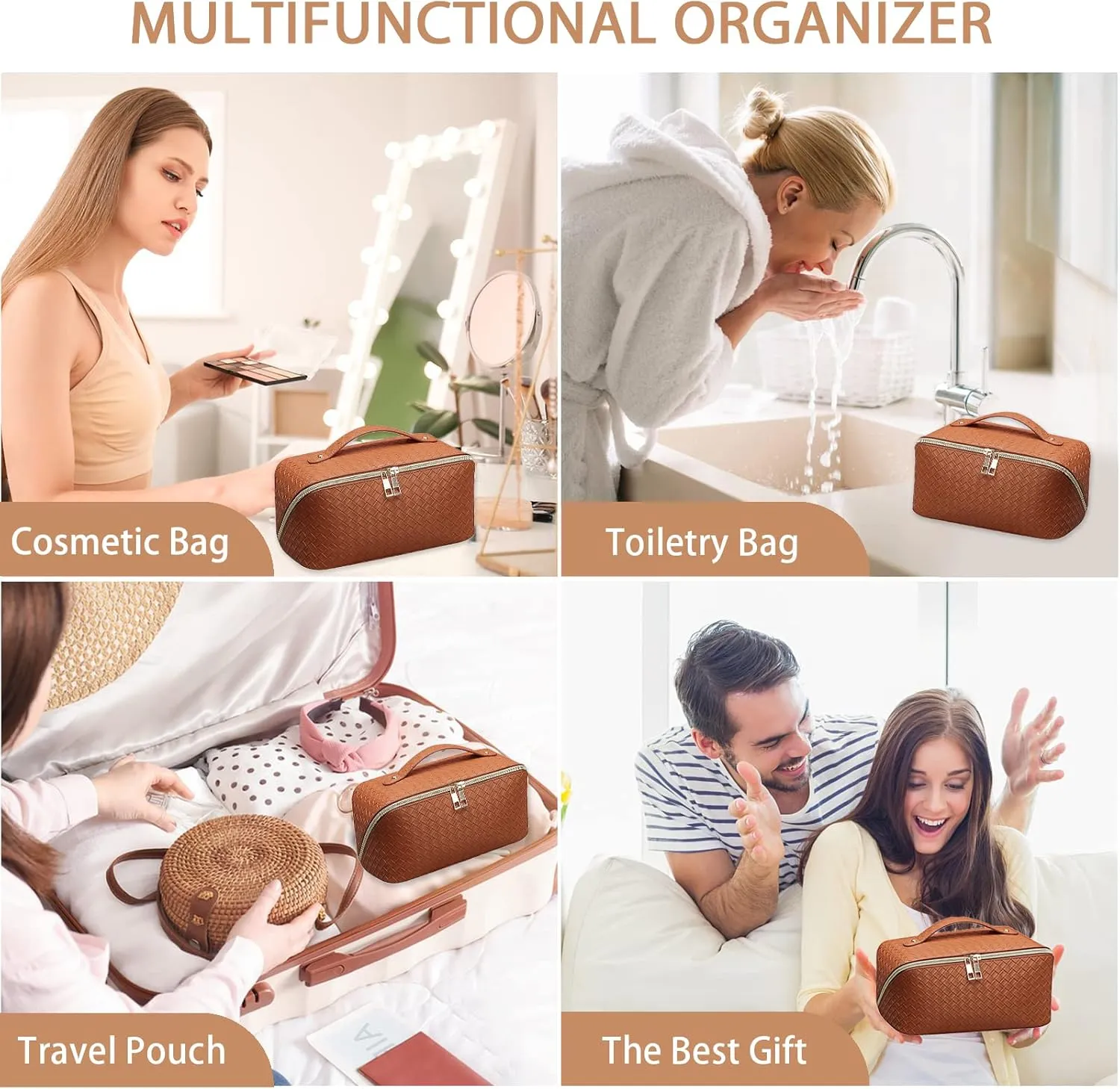 Brown Checkered Cosmetic Bag - Large Capacity Travel Makeup Bag with Compartment - PU Leather - Portable for Women and Girls