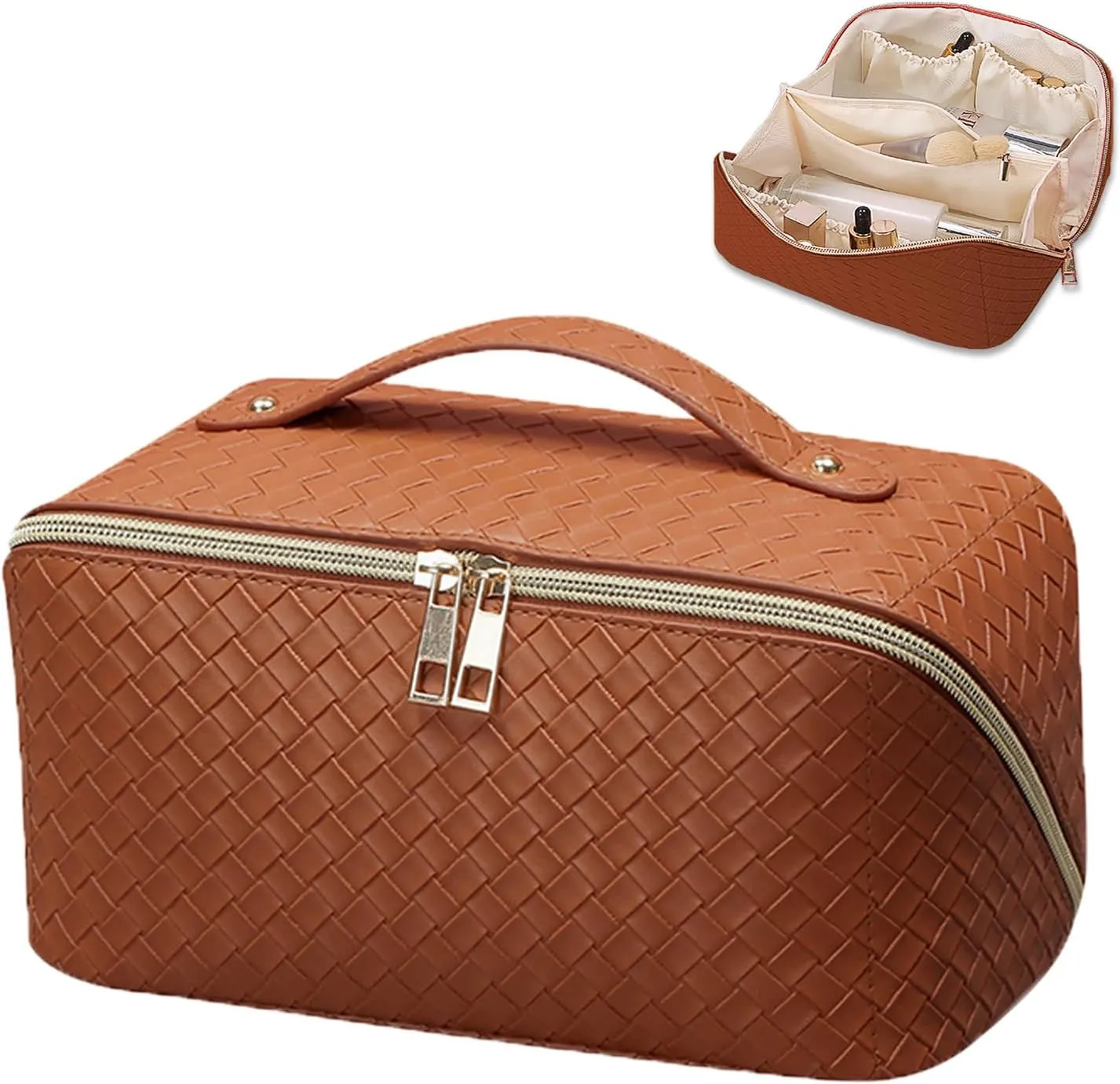 Brown Checkered Cosmetic Bag - Large Capacity Travel Makeup Bag with Compartment - PU Leather - Portable for Women and Girls