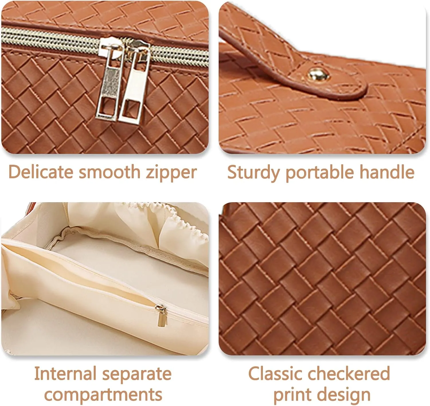 Brown Checkered Cosmetic Bag - Large Capacity Travel Makeup Bag with Compartment - PU Leather - Portable for Women and Girls