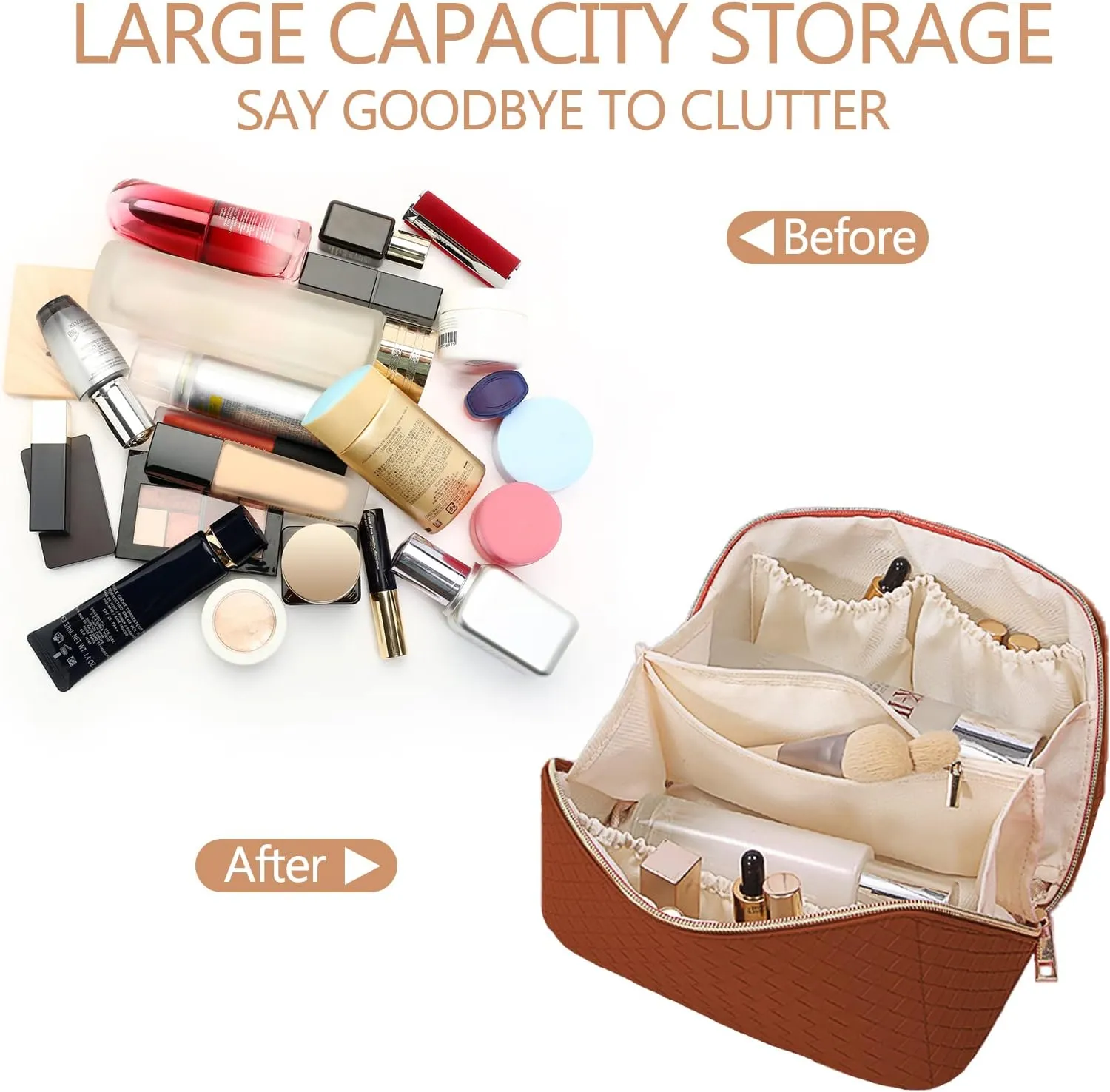 Brown Checkered Cosmetic Bag - Large Capacity Travel Makeup Bag with Compartment - PU Leather - Portable for Women and Girls