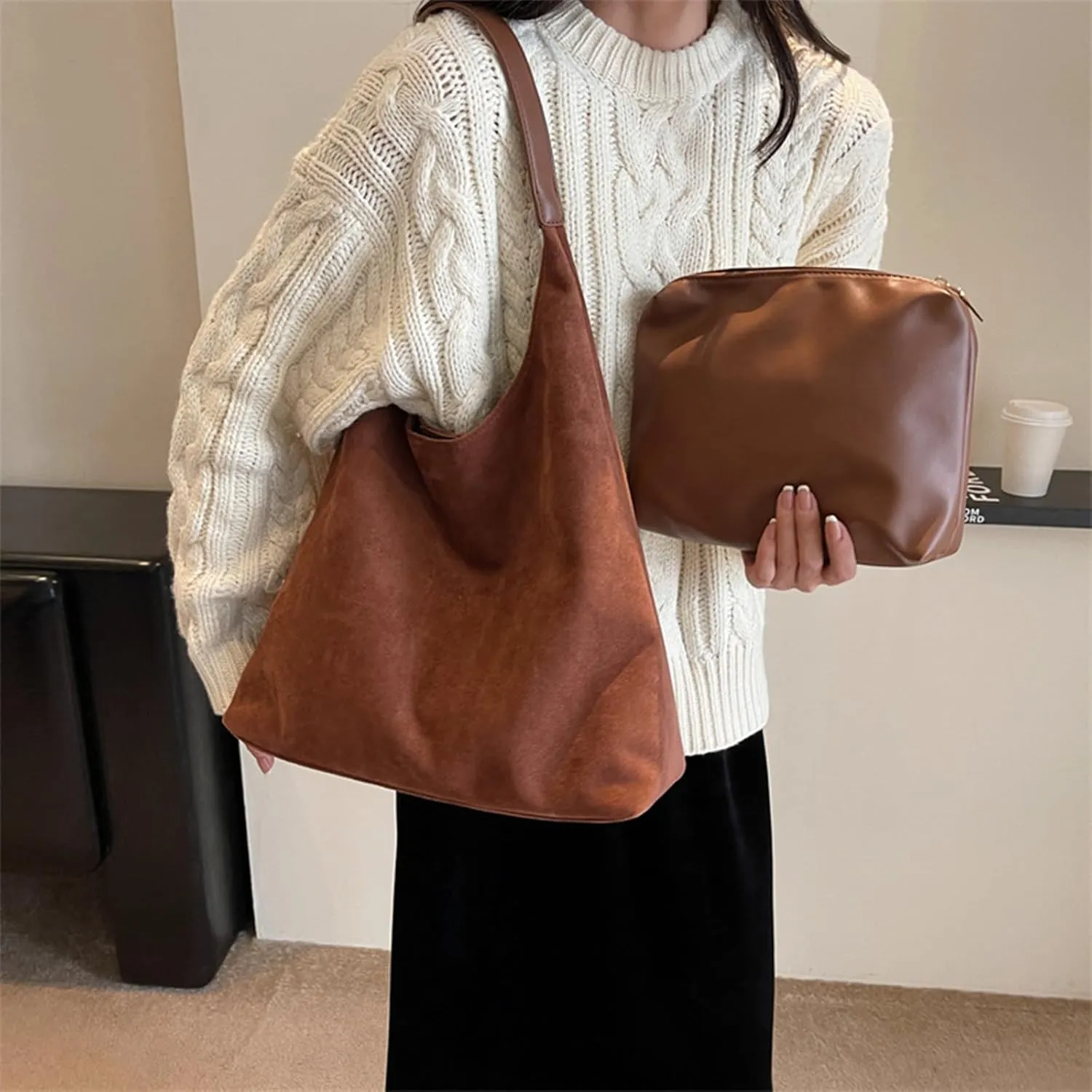 Brown Suede Tote Bag - Women's Shoulder Bag with Suede Tote Option