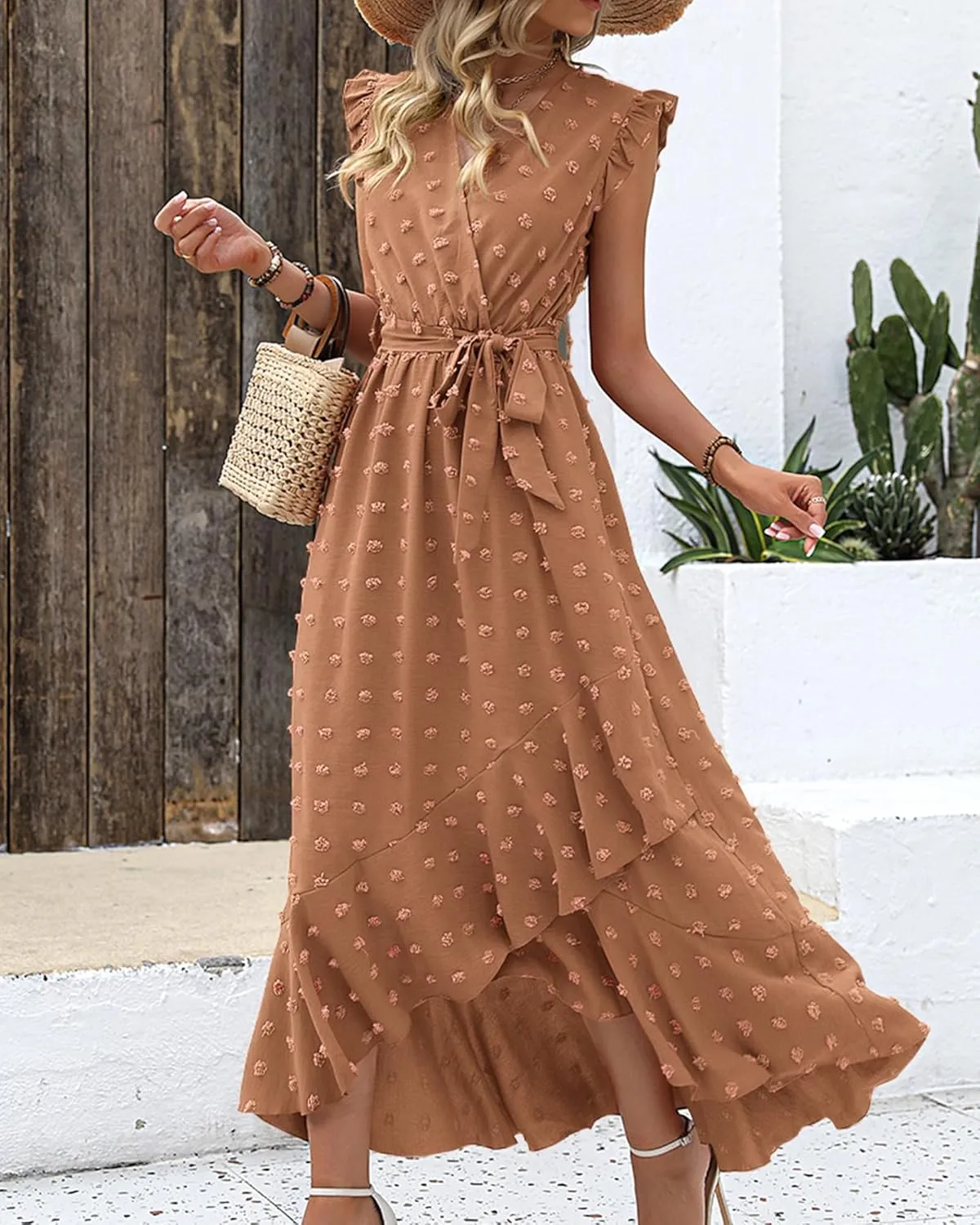 BTFBM Women V Neck Summer Dress 2025 Cap Sleeve Swiss Dot Boho Flowy Ruffle Slit Beach Party Long Maxi Cocktail Dresses