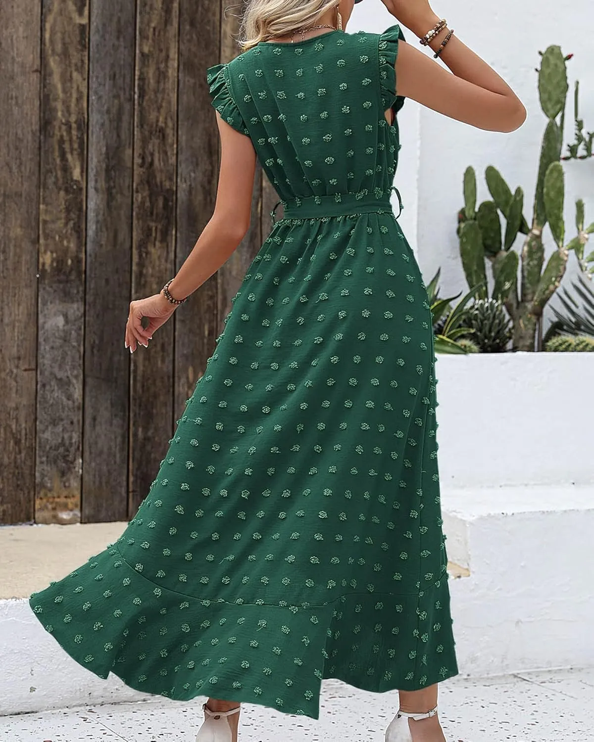 BTFBM Women V Neck Summer Dress 2025 Cap Sleeve Swiss Dot Boho Flowy Ruffle Slit Beach Party Long Maxi Cocktail Dresses