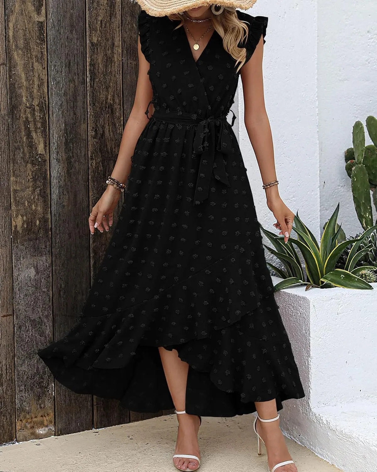 BTFBM Women V Neck Summer Dress 2025 Cap Sleeve Swiss Dot Boho Flowy Ruffle Slit Beach Party Long Maxi Cocktail Dresses