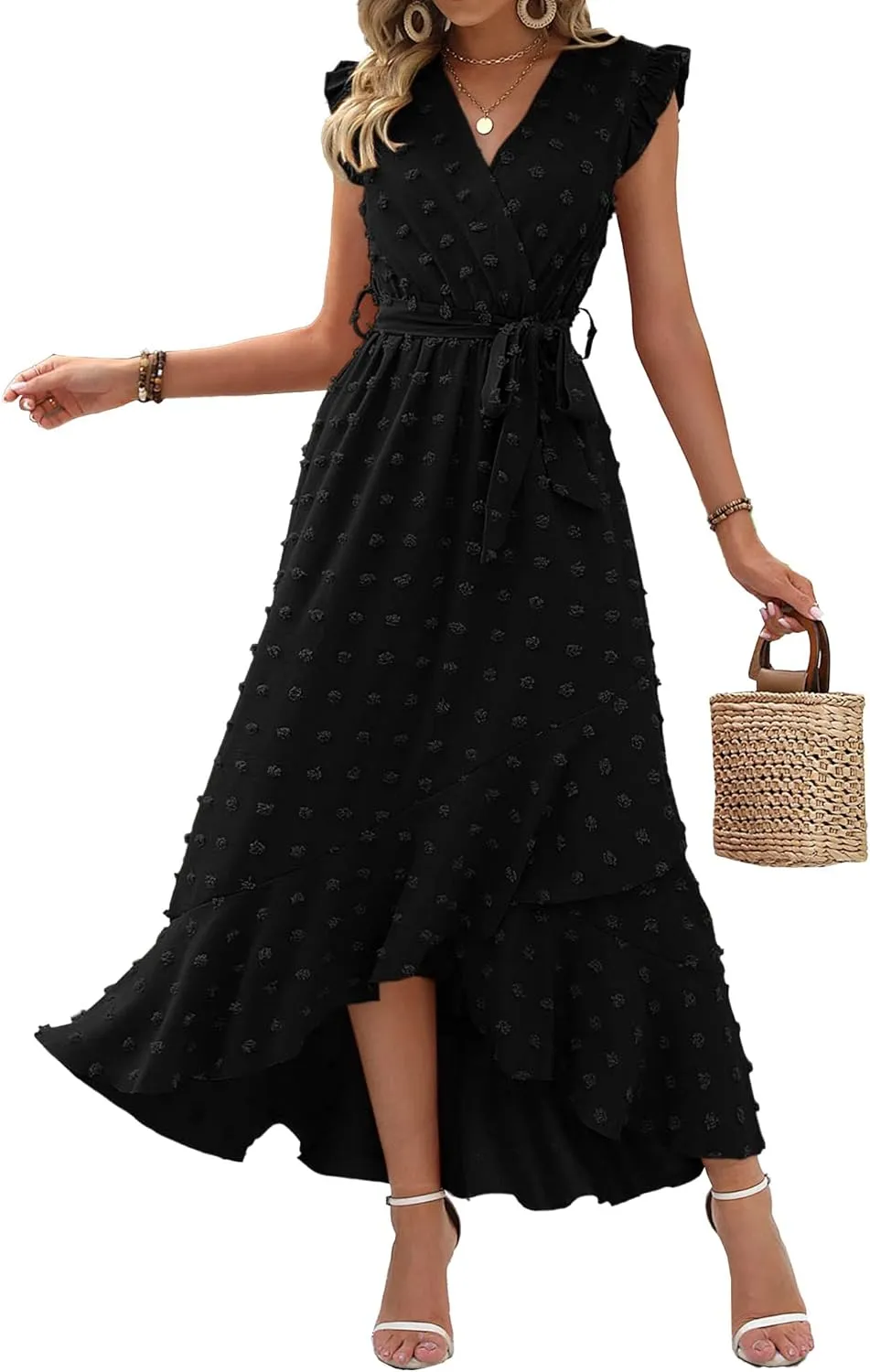 BTFBM Women V Neck Summer Dress 2025 Cap Sleeve Swiss Dot Boho Flowy Ruffle Slit Beach Party Long Maxi Cocktail Dresses