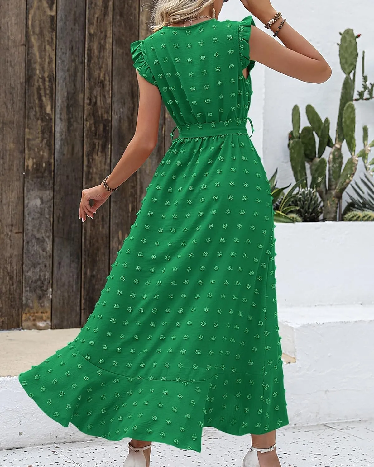 BTFBM Women V Neck Summer Dress 2025 Cap Sleeve Swiss Dot Boho Flowy Ruffle Slit Beach Party Long Maxi Cocktail Dresses