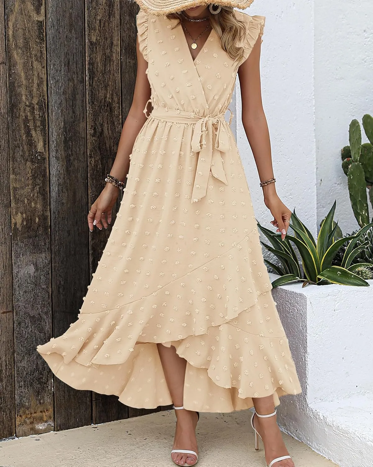 BTFBM Women V Neck Summer Dress 2025 Cap Sleeve Swiss Dot Boho Flowy Ruffle Slit Beach Party Long Maxi Cocktail Dresses