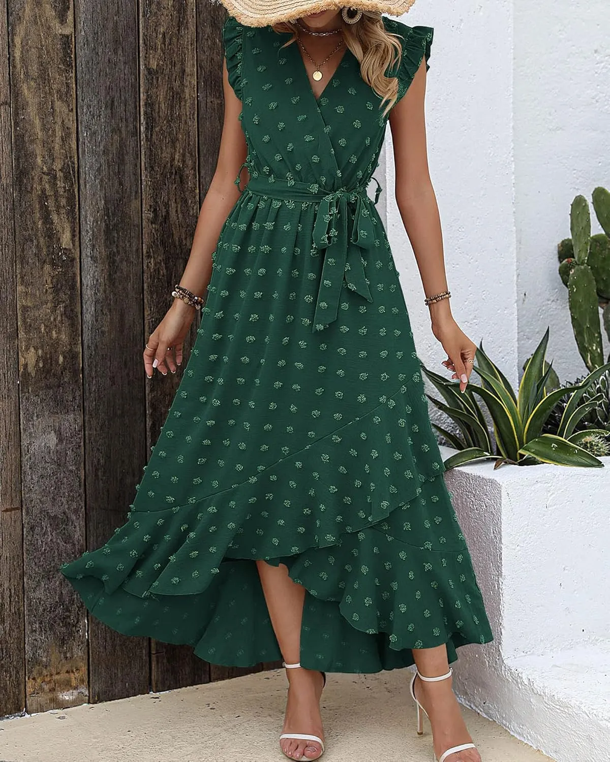 BTFBM Women V Neck Summer Dress 2025 Cap Sleeve Swiss Dot Boho Flowy Ruffle Slit Beach Party Long Maxi Cocktail Dresses