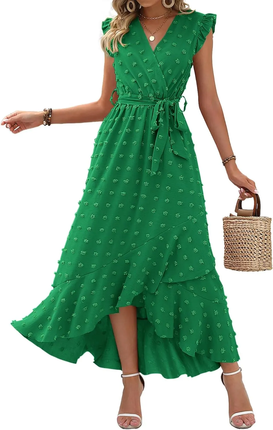 BTFBM Women V Neck Summer Dress 2025 Cap Sleeve Swiss Dot Boho Flowy Ruffle Slit Beach Party Long Maxi Cocktail Dresses