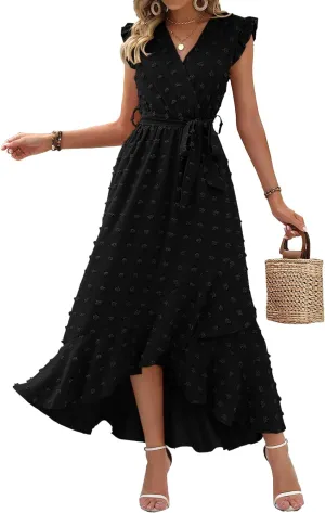 BTFBM Women V Neck Summer Dress 2025 Cap Sleeve Swiss Dot Boho Flowy Ruffle Slit Beach Party Long Maxi Cocktail Dresses