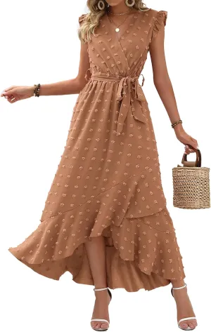BTFBM Women V Neck Summer Dress 2025 Cap Sleeve Swiss Dot Boho Flowy Ruffle Slit Beach Party Long Maxi Cocktail Dresses