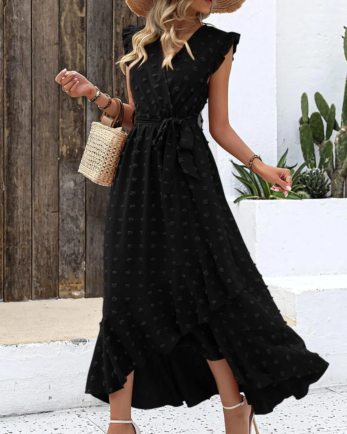 BTFBM Women V Neck Summer Dress 2025 Cap Sleeve Swiss Dot Boho Flowy Ruffle Slit Beach Party Long Maxi Cocktail Dresses