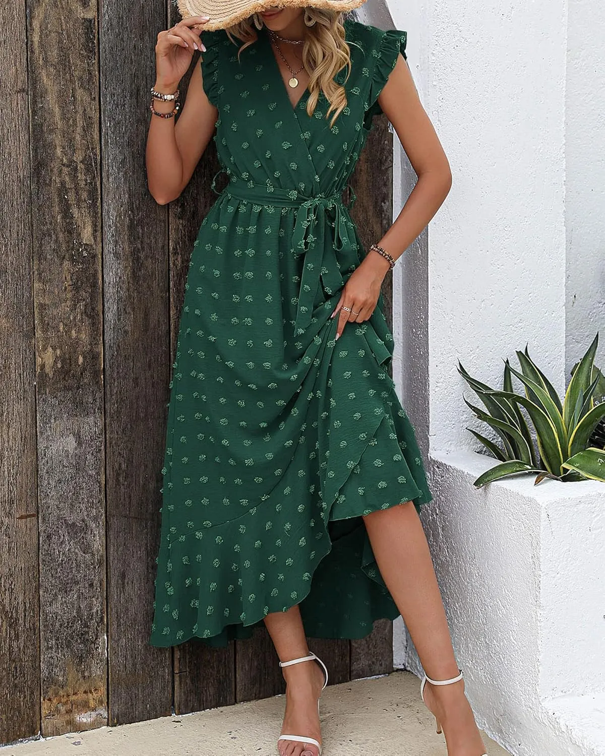 BTFBM Women V Neck Summer Dress 2025 Cap Sleeve Swiss Dot Boho Flowy Ruffle Slit Beach Party Long Maxi Cocktail Dresses