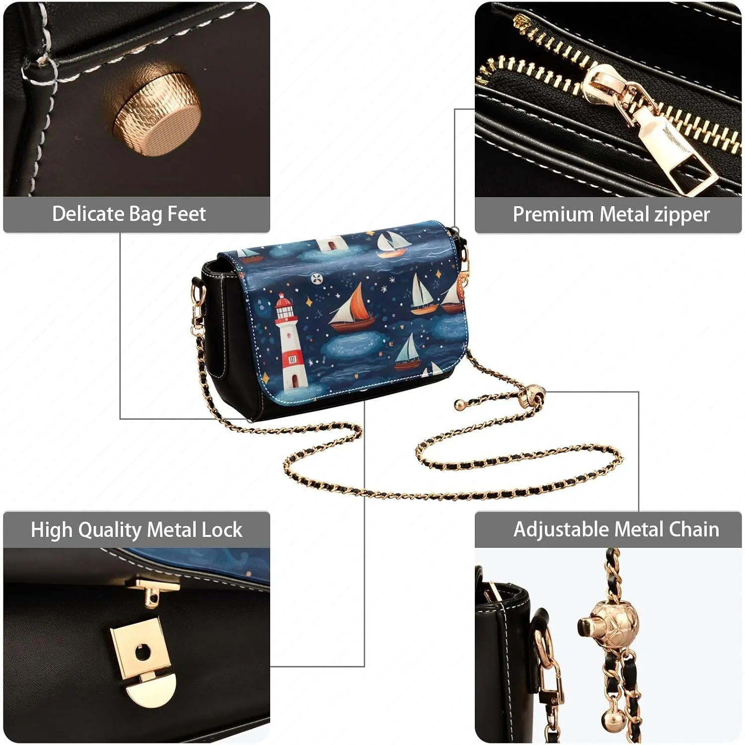 Buildings and Houses in Water Crossbody Bag with Chain Strap, Leather Ladies Crossbody Bags, Summer Crossbody Bags for Women