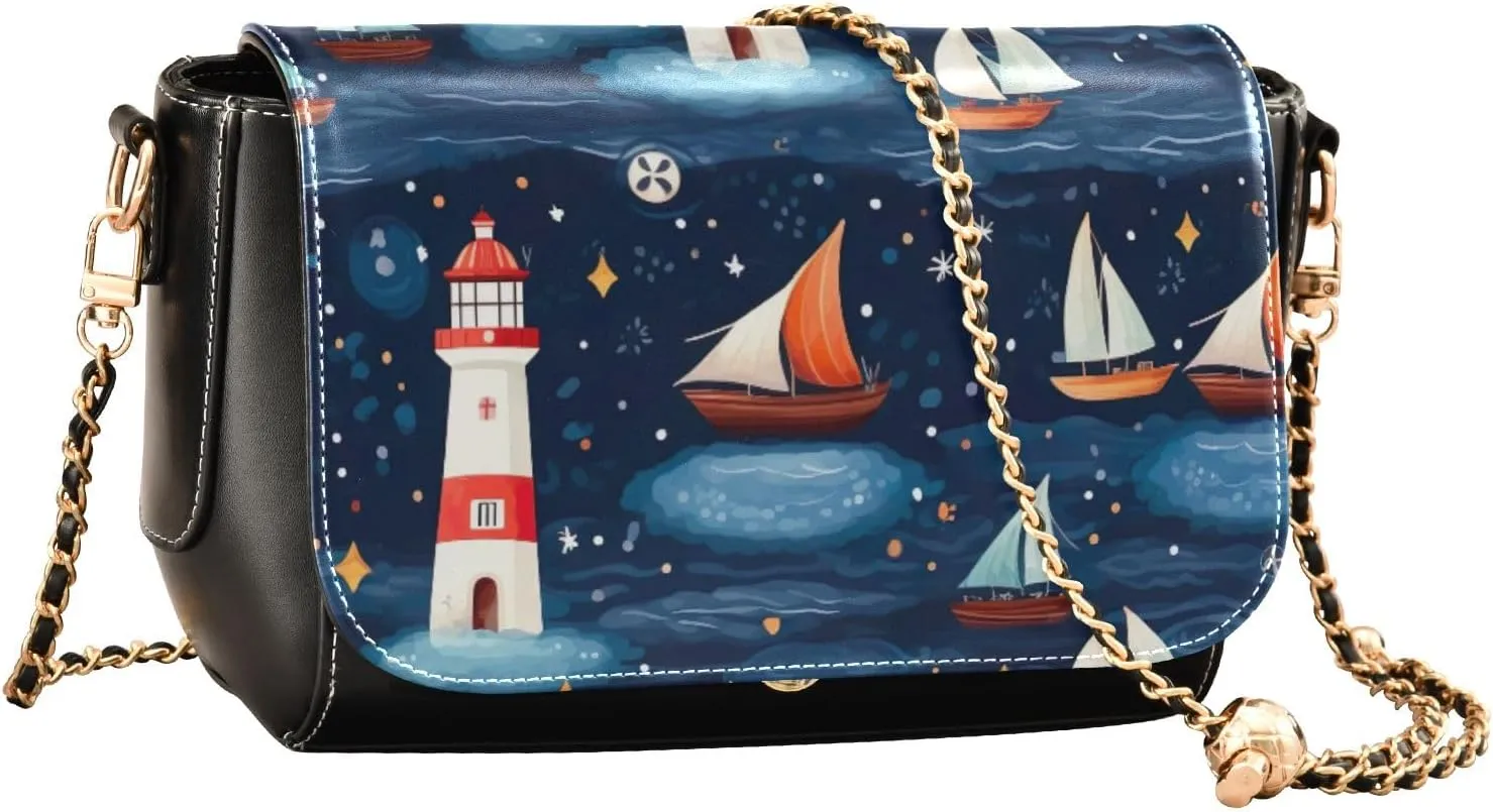 Buildings and Houses in Water Crossbody Bag with Chain Strap, Leather Ladies Crossbody Bags, Summer Crossbody Bags for Women