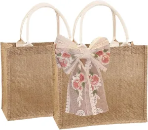 Burlap Jute Tote Bags (2pcs, 12.2 X10.6 X 6.3) Reusable Gift Bags with Handles Lace Bow for Party, Merchandise Retail Burlap Waterproof Lining Shopping Totes for Bridesmaid Beach