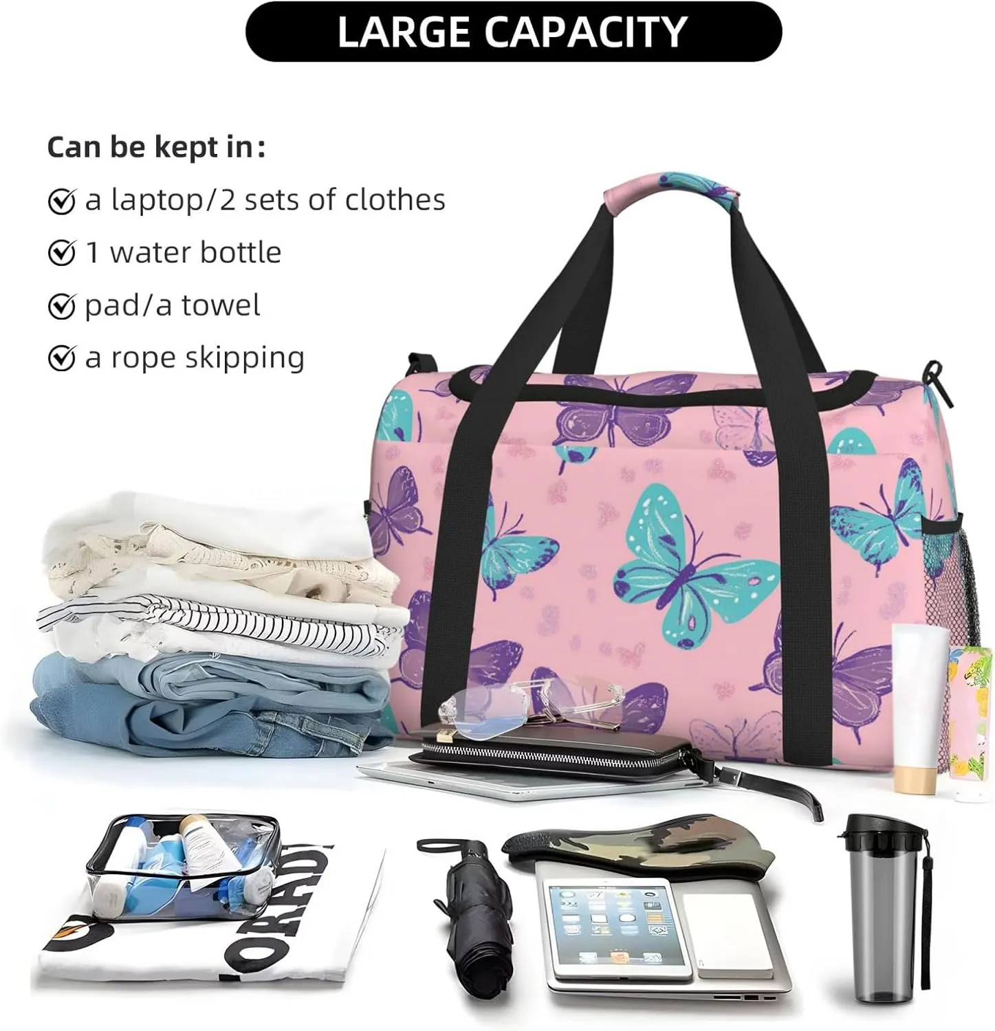 Butterfly Blue Purple Duffle Bag Foldable Travel Tote Bag Carry On Large Weekender Overnight Bags Waterproof Gym Bag For Women Men