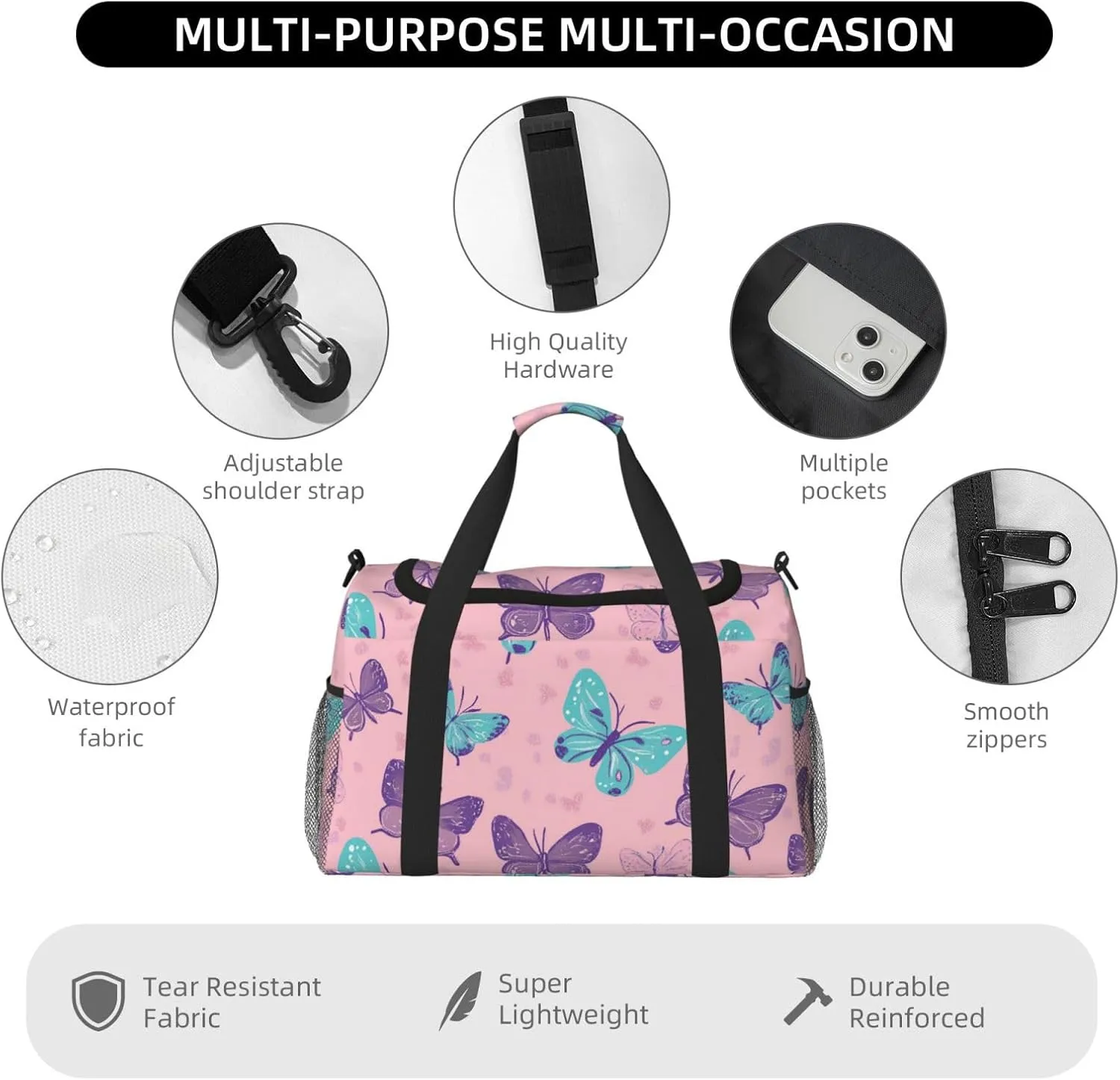 Butterfly Blue Purple Duffle Bag Foldable Travel Tote Bag Carry On Large Weekender Overnight Bags Waterproof Gym Bag For Women Men